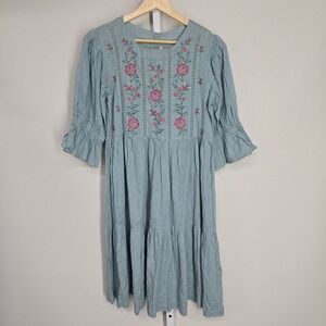 Bombay Paisley Teal Cotton Floral Embroidered Tiered Smock Dress XS NWT